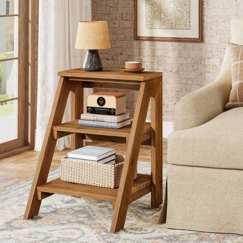 3 Tier Solid Wood End Table for Living Room / Bedroom - 1-Piece