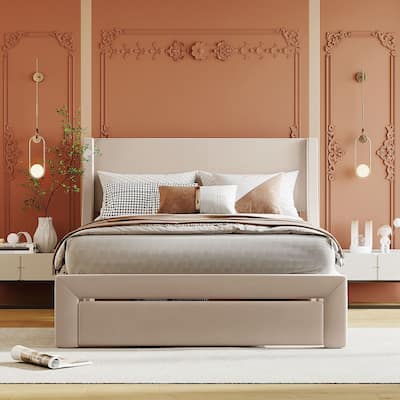 Full Size Velvet Upholstered Storage Platform Bed with Drawer