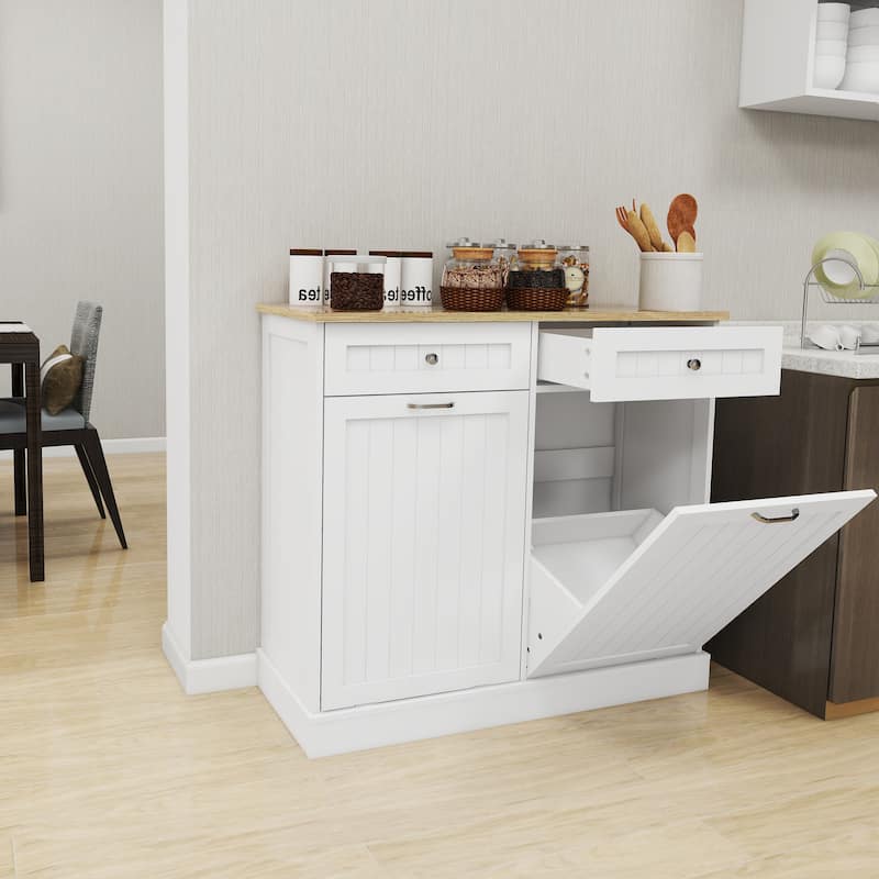 Anmytek White Farmhouse Kitchen Trash Cabinet with 2 Drawers and Tilt-Out 2-Compartment Storage