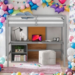 Full size Loft Bed with Desk, Writing Board and Drawers Cabinet, Grey
