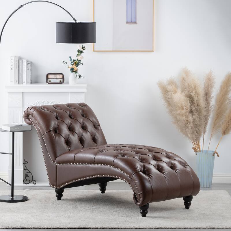 Dark Brown Modern 27.17" Upholstered Buttons Tufted Chaise Lounge Chair with Solid Wood Frame and Nailheads - Dark Brown