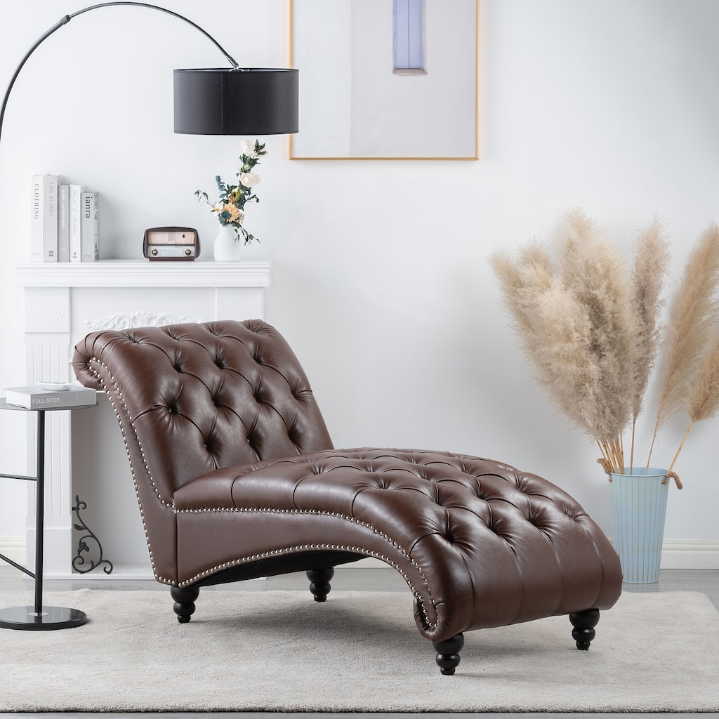 Dark Brown Modern 27.17" Upholstered Buttons Tufted Chaise Lounge Chair with Solid Wood Frame and Nailheads