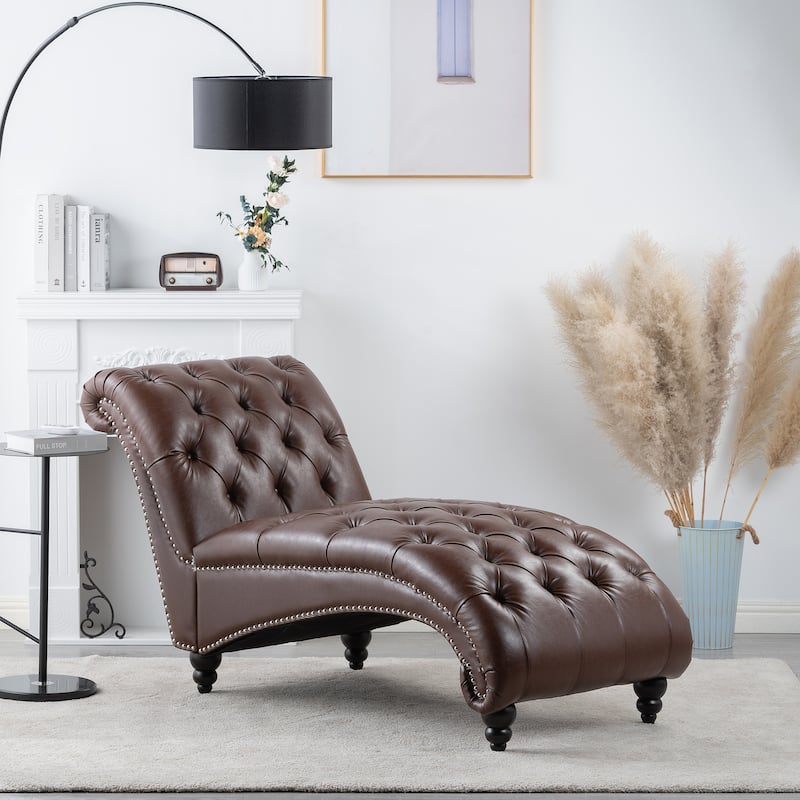 PU Tufted Armless Chaise Lounge with Nailhead Trim and Wood Legs - Dark Brown