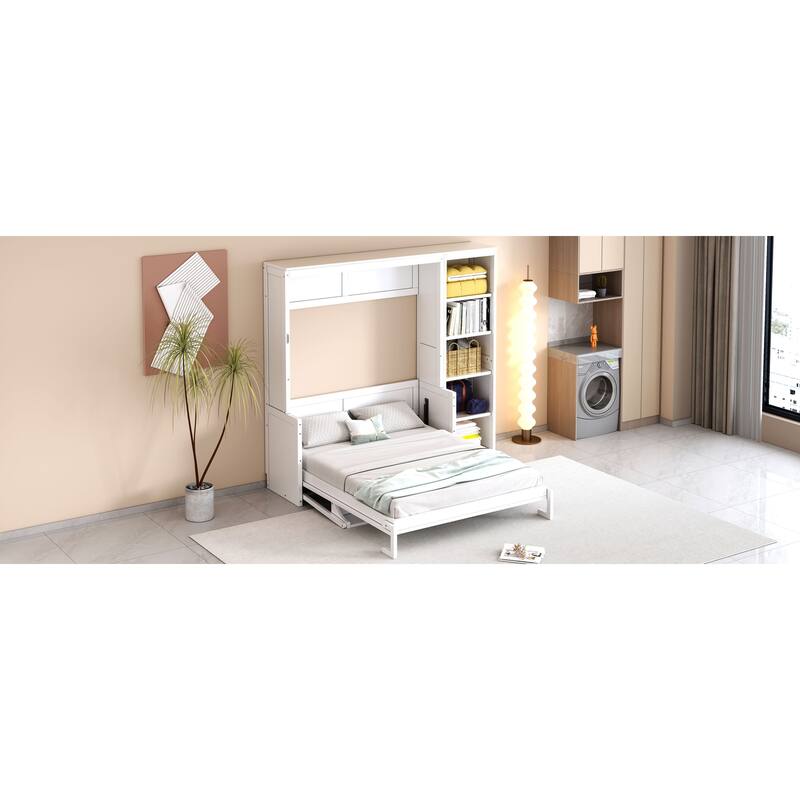 Space-Saving Full Size Murphy Bed with Integrated Desk and Bookshelf in White