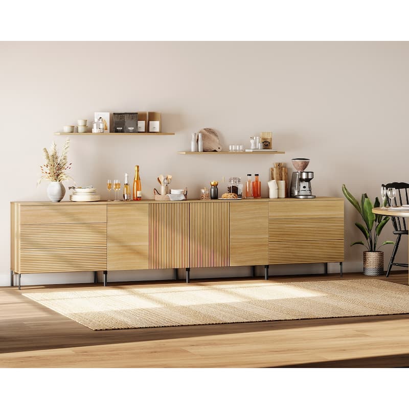 126" Modern Reeded 4-Door Sideboard With Drawers, 4-In-1 Wooden Credenza Storage Cabinet