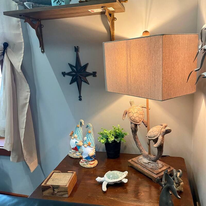 Set Of 2 Double Sea Turtle Table Lamps Coastal Nautical Resin 27.75" W/Shades - 27.75 X 15 X 9 inches