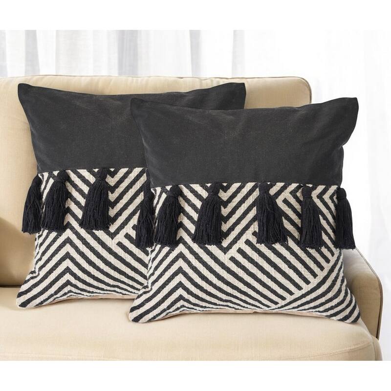 Set of Two Black and White Chevron Cotton Throw Pillow With Tassels - Black and White