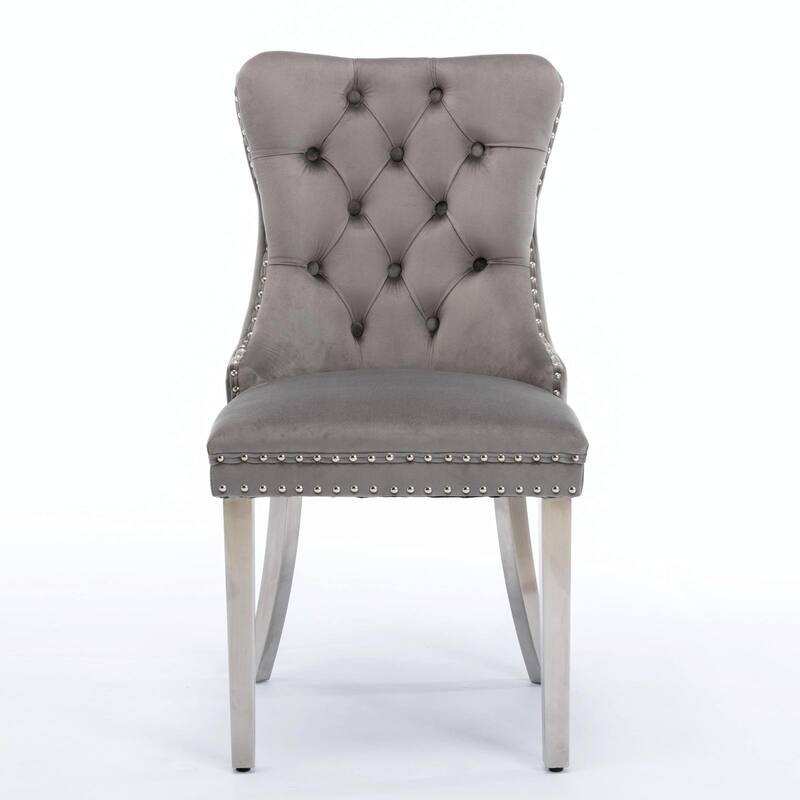 Tufted Velvet Dining Chairs - Solid Wood - Golden Stainless Steel Legs - Nailhead Trim - Set of 2