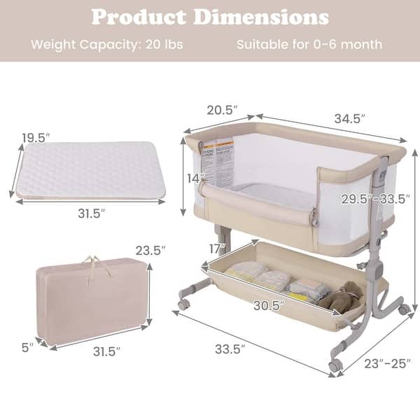 dimension image slide 1 of 3, Costway Baby Bassinet Bedside Sleeper with 6-Level Adjustable Height - See Details