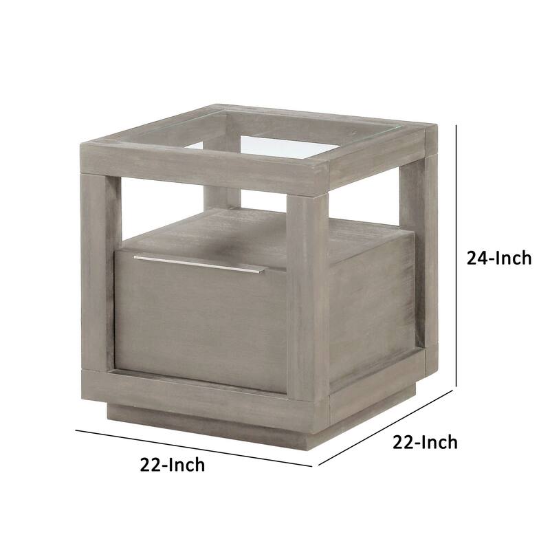 24 Inch End Table, 1 Drawer, Tempered Glass Surface, Plinth Base, Warm Gray