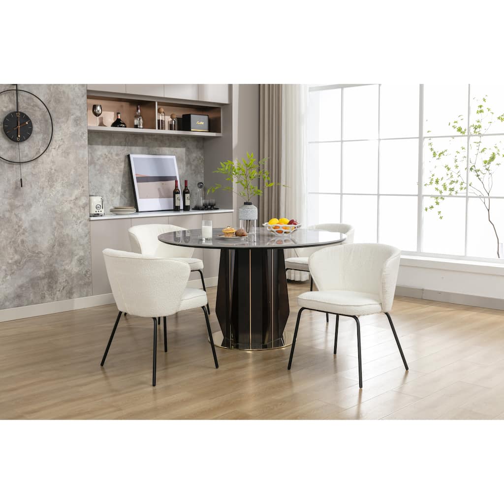 Set of 2 Boucle Fabric Dining Chairs With Black Metal Legs