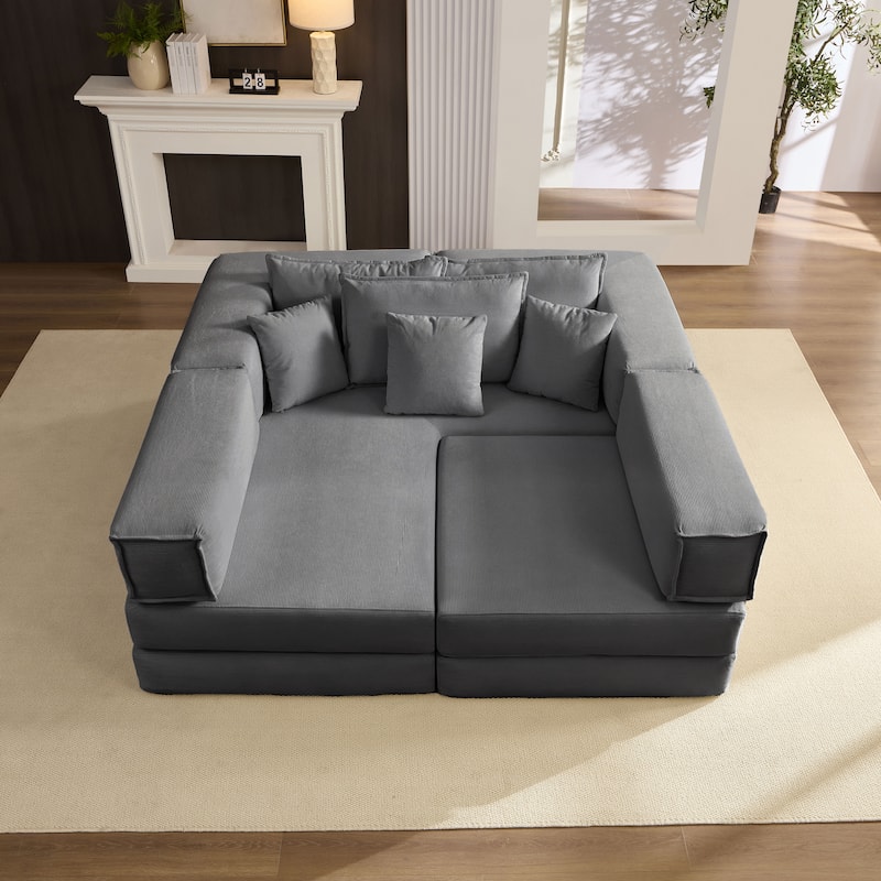 DIY Modular Corduroy L-Shaped Floor Sofa Set with 6 Pillows