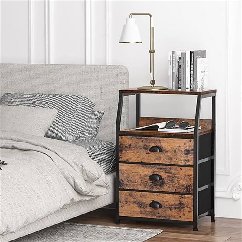 Small Nightstand with 3 Fabric Storage Drawers - Rustic Brown