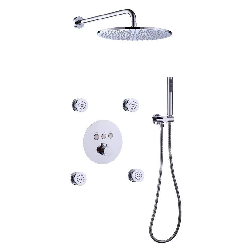 Thermostatic Shower System With Rough-in Valve Wall Mount Shower Faucet With Body Jet And Hand Shower 12 Inch Shower Head Set