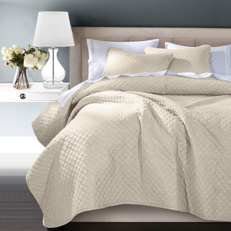 Indigo Hill by HiEnd Accents Anna Diamond 3 Piece Quilted Coverlet Set - Light Tan - Twin
