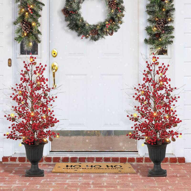 Glitzhome 3ft Christmas Lighted Berry Pine Cone Urn Porch Tree With Timer - 2-Piece Red