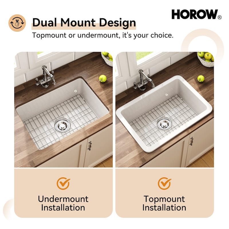 HOROW Undermount Fireclay 27 in. Single Bowl Kitchen Sink, with Grid and Strainer in White