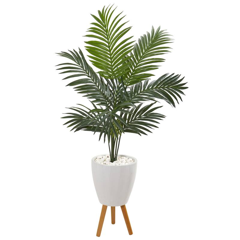 4.5ft Kentia Palm Artificial Tree with Lush Green Fronds in White Planter with Wooden Legs for Home Decor