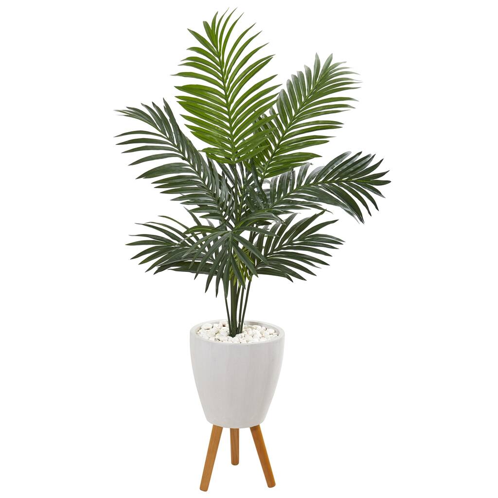 4.5ft Kentia Palm Artificial Tree with Lush Green Fronds in White Planter with Wooden Legs for Home Decor