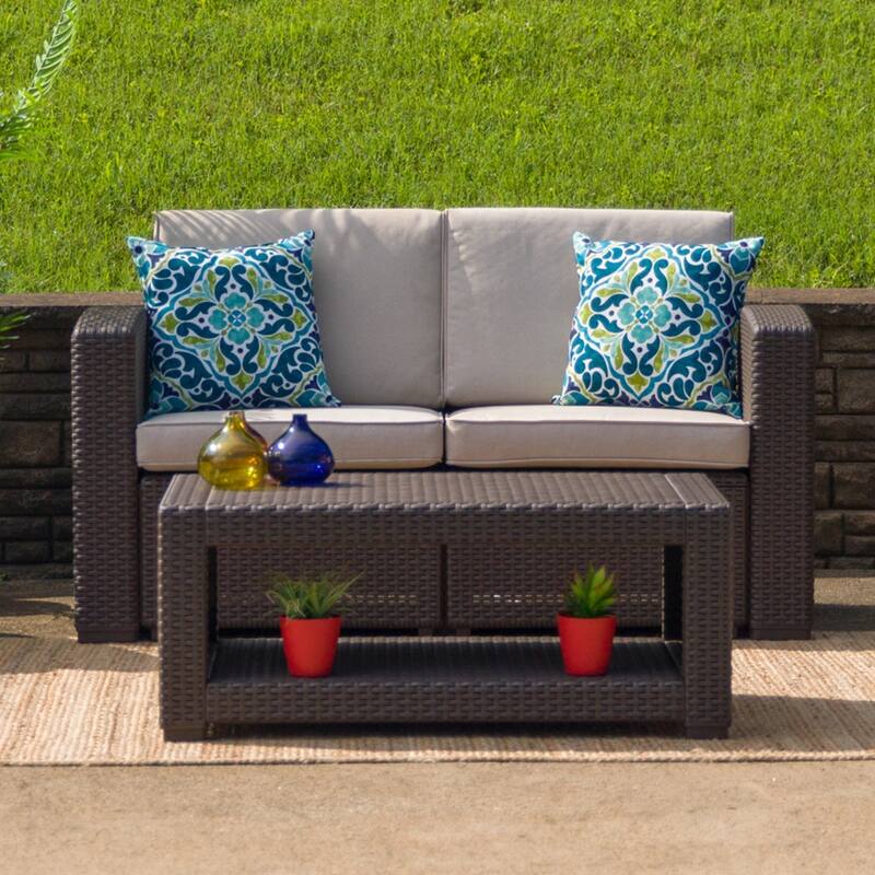 Faux Rattan Loveseat with All-Weather Cushions - Chocolate Brown