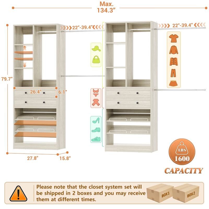 Set of 2 Closet System with 6 Hanging Rods and 4 Drawers, Adjustable Closet System with Shelves and Shoe Rack