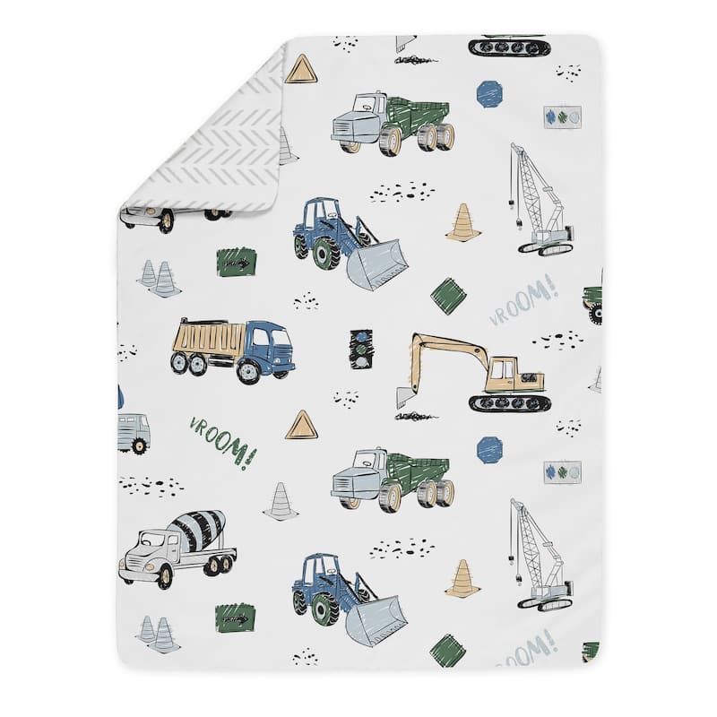 Construction Truck Collection Boy 5pc Toddler-size Comforter Set - Grey Yellow Black Blue and Green Transportation Chevron Arrow
