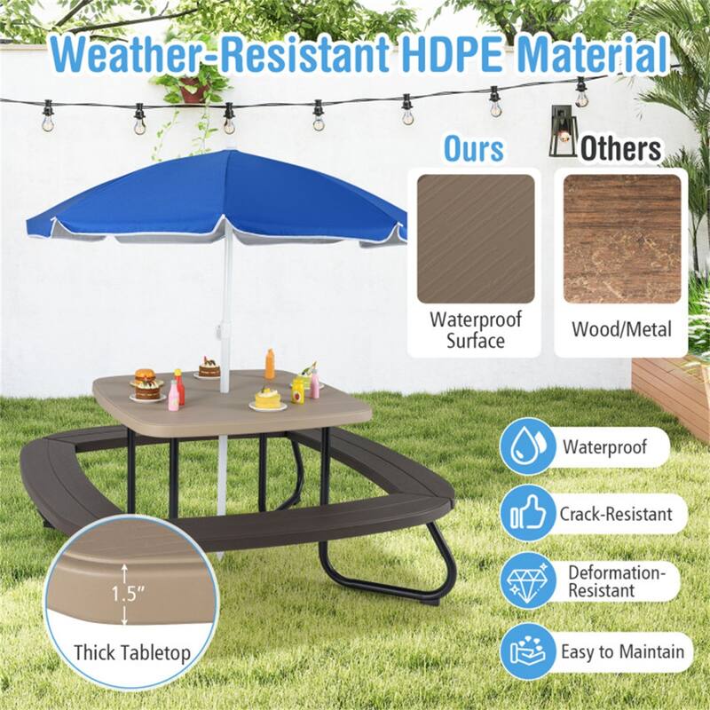 Kids Outdoor Picnic Table with Adjustable Umbrella and Benches Metal Frame and Weather-Resistant Surface - 49" × 49" × 39"-63"
