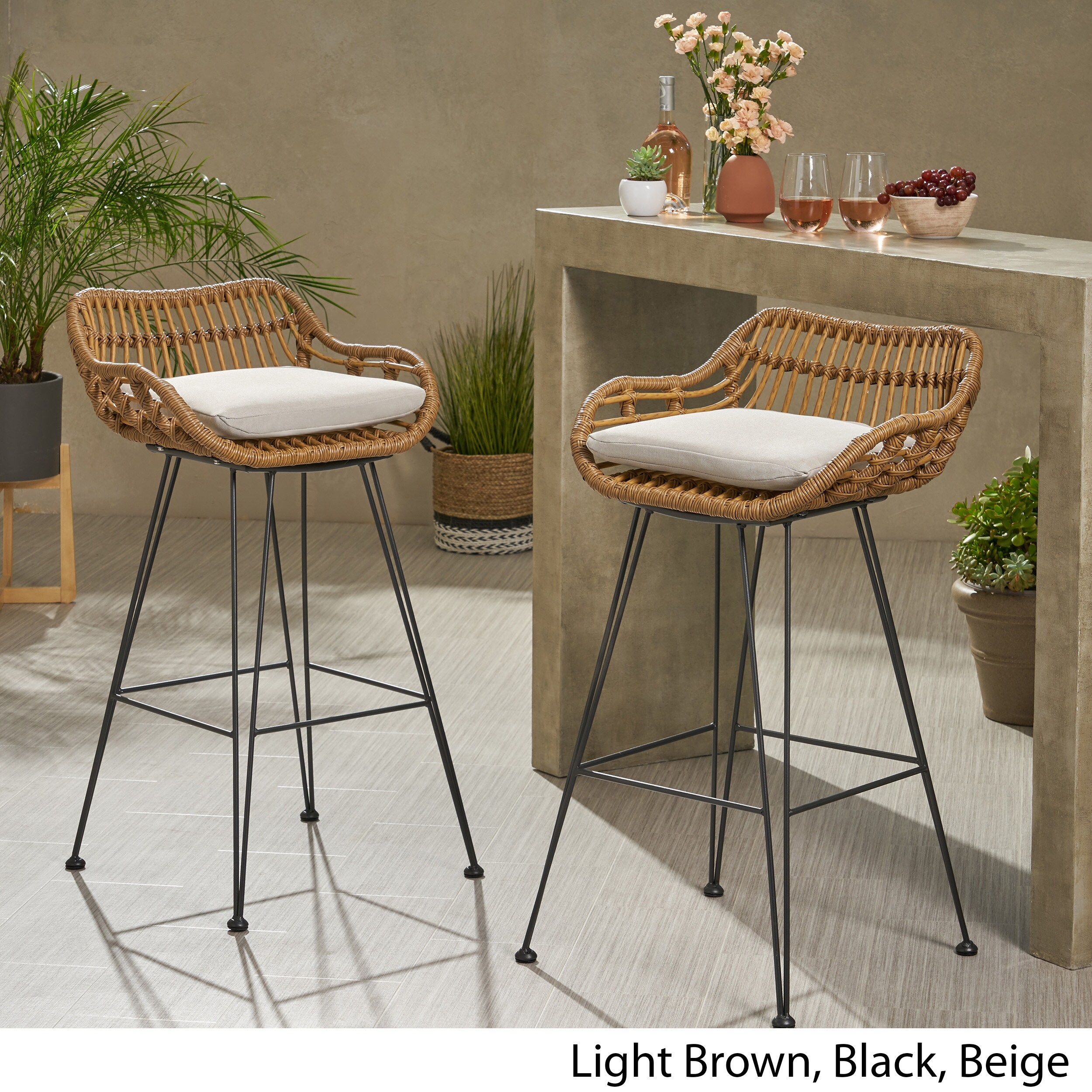Dale Wicker Bar Stool With Cushion Set Of 2 By Christopher Knight Home Overstock 28422722
