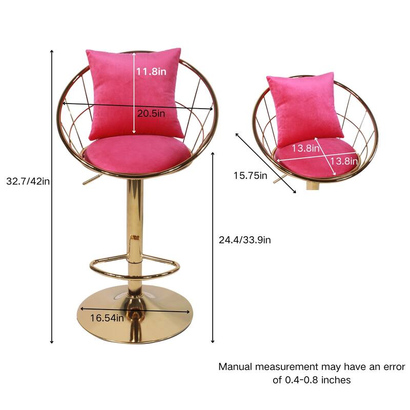 Velvet Bar Chair, Pure Gold Plated, 360 Degree Rotation, Adjustable Height, For Dinning Room And Bar, Set Of 2