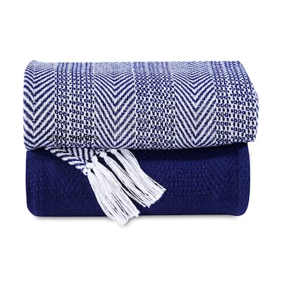 100% Cotton All Season Throw Blankets Herringbone 50''x 60'' Set of 2