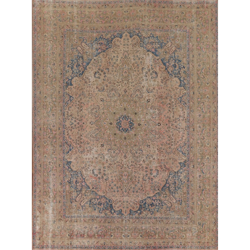 Distressed Pink Mashad Persian Antique Rug Hand-Knotted Wool Carpet - 9'8" x 12'5"