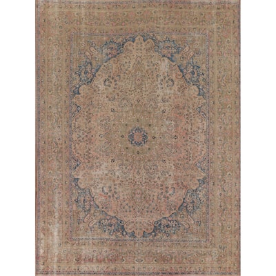 Distressed Pink Mashad Persian Antique Rug Hand-Knotted Wool Carpet - 9'8" x 12'5"