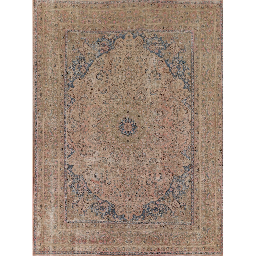 Distressed Pink Mashad Persian Antique Rug Hand-Knotted Wool Carpet - 9'8" x 12'5"