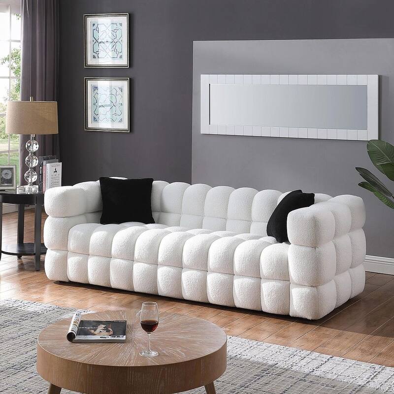 Modern Marshmallow Boucle Sofa with Solid Wood Frame and 2 Pillows