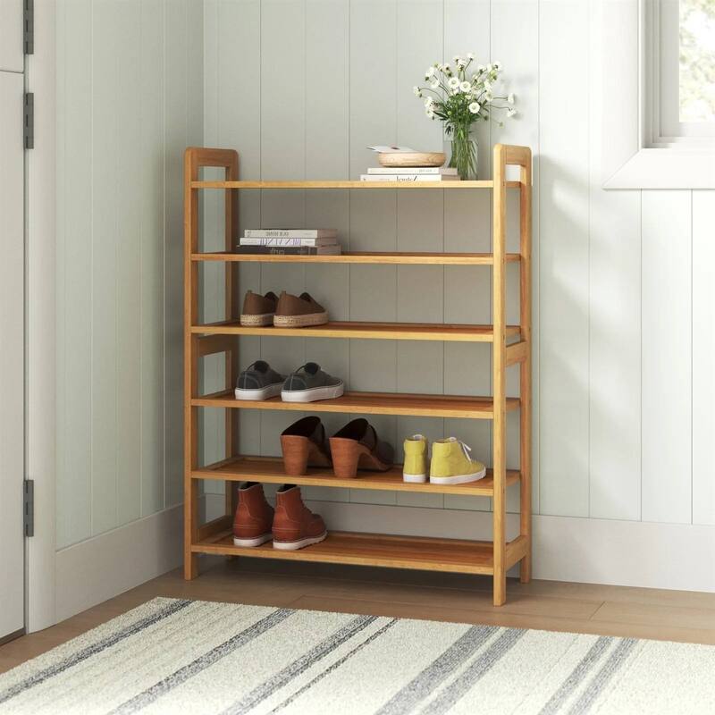 Brown Solid Wood Wicker 6-Shelf Shoe Rack for 24 Pairs with Freestanding Design - 35.43'' H x 26.77'' W x 9.84'' D