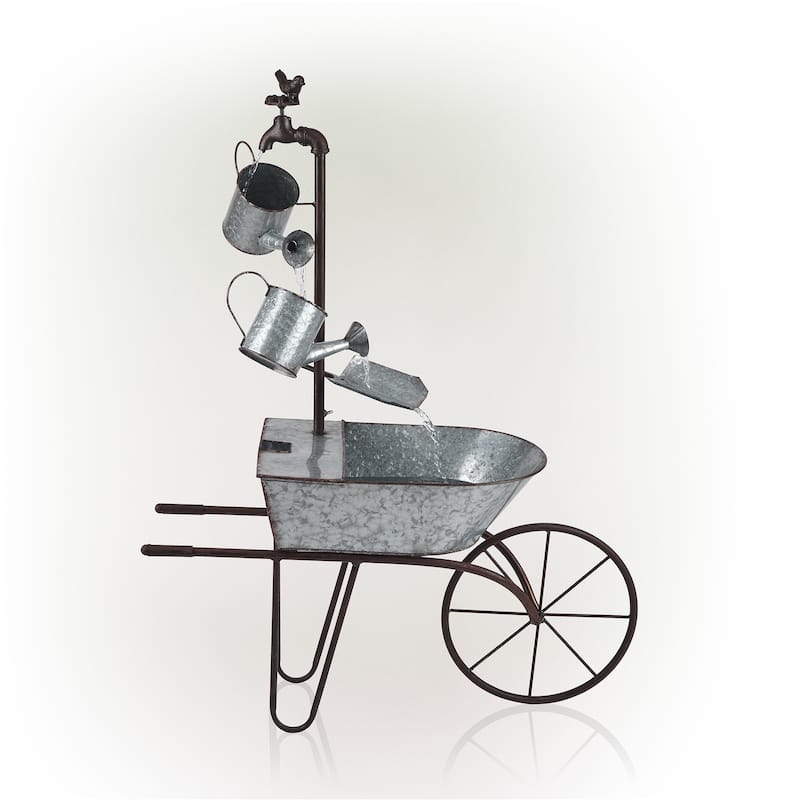 Alpine Corporation 36" Tall Rustic Wheelbarrow and Watering Can Fountain Yard Decoration