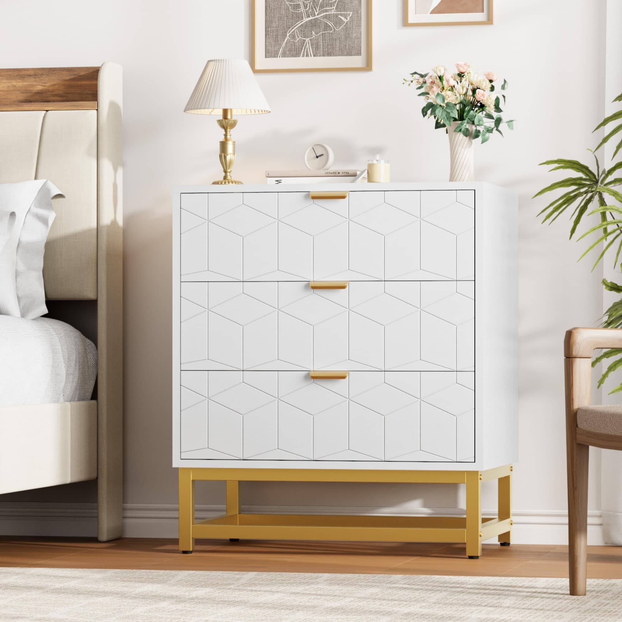 3 Drawer Dresser for Bedroom, Modern Wooden Storage Chest with Gold Handles and Metal Legs