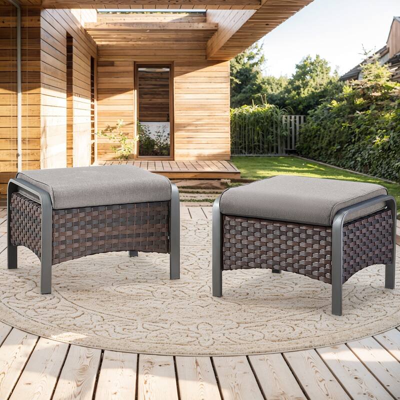 Outdoor PE Wicker Patio Furniture Set - Brown Rattan - Grey Cushion - 2PCS Ottomans