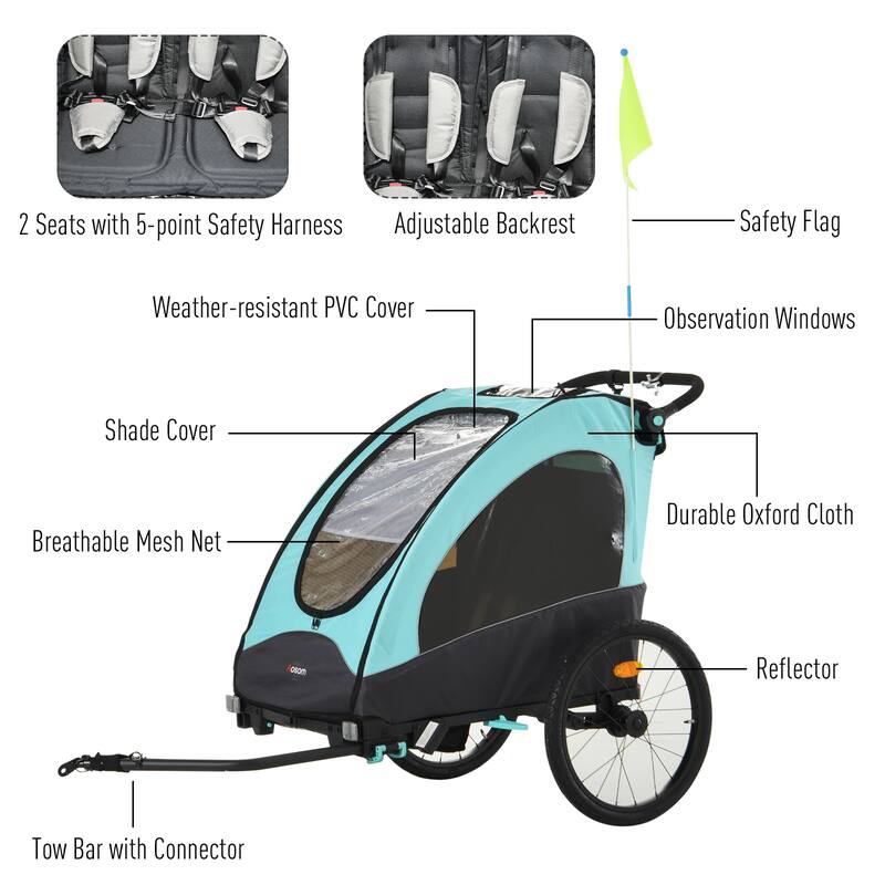 Aosom 3-in-1 Folding Child Bike Trailer Jogging & Baby Stroller with Shock Absorbing Frame & Adjustable Handlebar