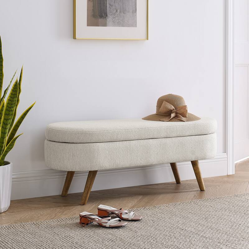 GDFStudio - Emma Linen Pleated Storage Ottoman Bench with Durable Rubberwood Legs
