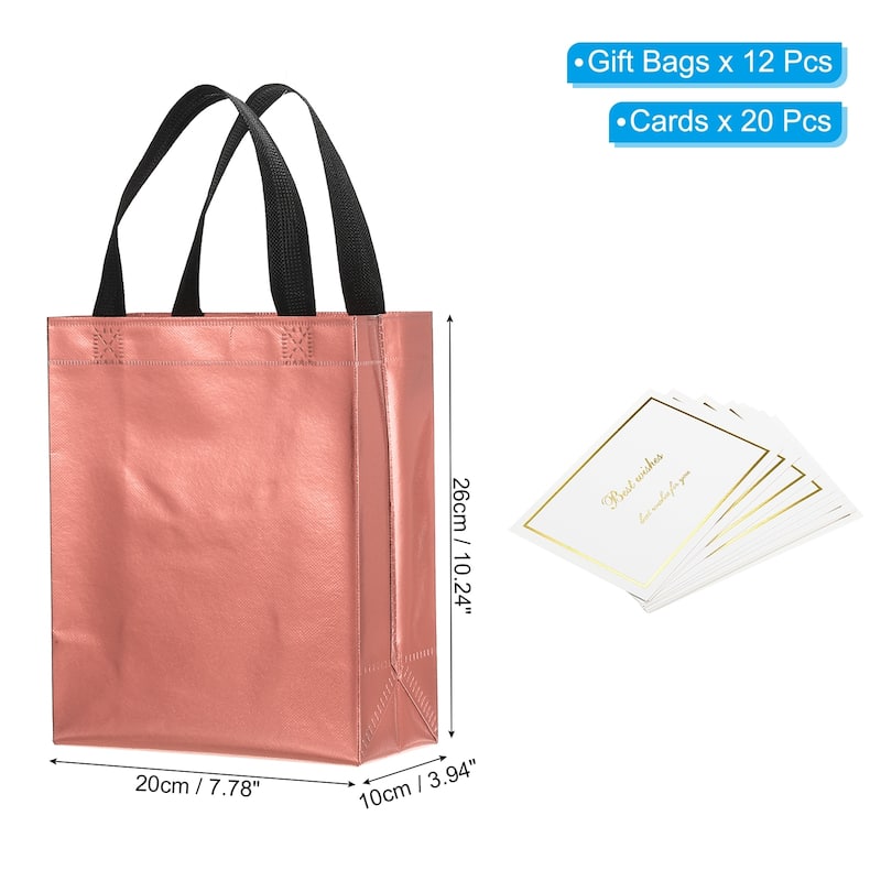 Gift Bags with Cards, 12 Set 8" Reusable Non-Woven Gift Goodie Bags - 10"x8"x4" - Pink