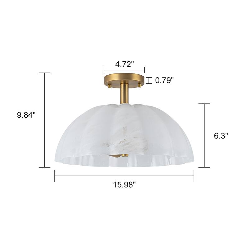 Modern 2-Light Cloud Glass Dome Semi Flush Mount Ceiling Light - Brass - 16" W × 9.5" H