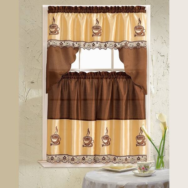 slide 2 of 1, Coffee Embroidered Kitchen Curtain Tiers & Swag Set, Brown-Beige, 60x36 & 30x36 Inches - 3-Piece Brown-Beige - 3-Piece