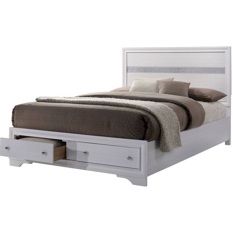 Full Size White Panel Headboard Bed with Drawers, Contemporary Bedroom Furniture