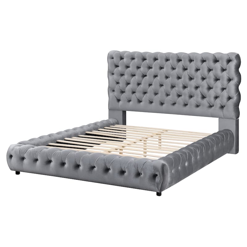 Mirilla Gray Velvet Upholstered Tufted Platform Bed