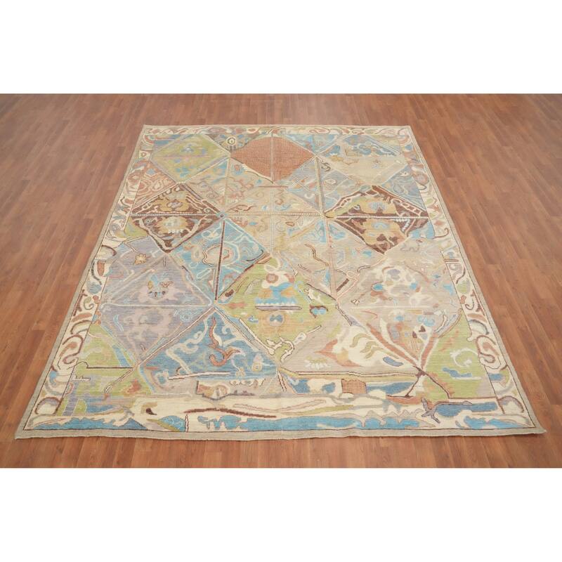 Hand Knotted Oriental 100% Wool Carpet Transitional Geometric Multi-Colored Oushak Area Rug - 9' 9'' X 8' 4''