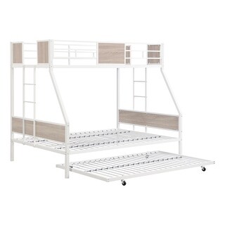 Twin Over Full Metal Bunk Bed with Trundle,Modern Style Bed with Build-In Ladder