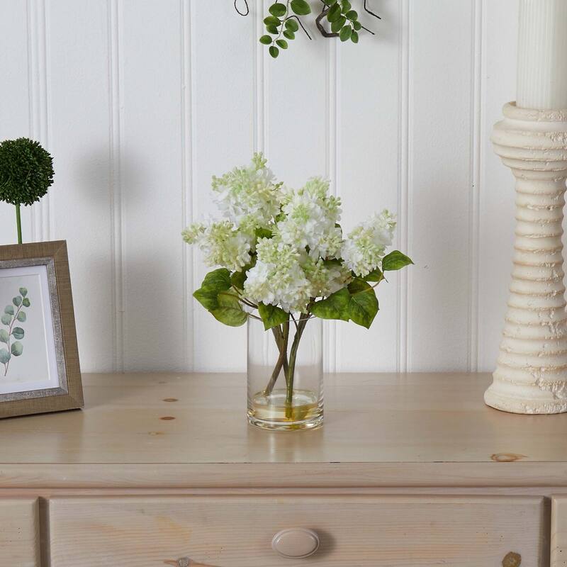 Silk Flower Arrangement Lilac Vase Decor - Faux Lilacs Home Decor Centerpiece - 9" x 9" x 15" - 15