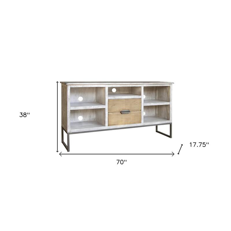 HomeRoots 70" Light Gray Solid Wood Open shelving Distressed TV Stand - 70' X '38' X '17.75