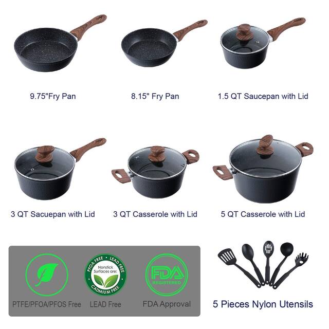 Kitchen Academy 15 Piece Nonstick Granite-Coated Cookware Set Suitable for All Stove Including Induction